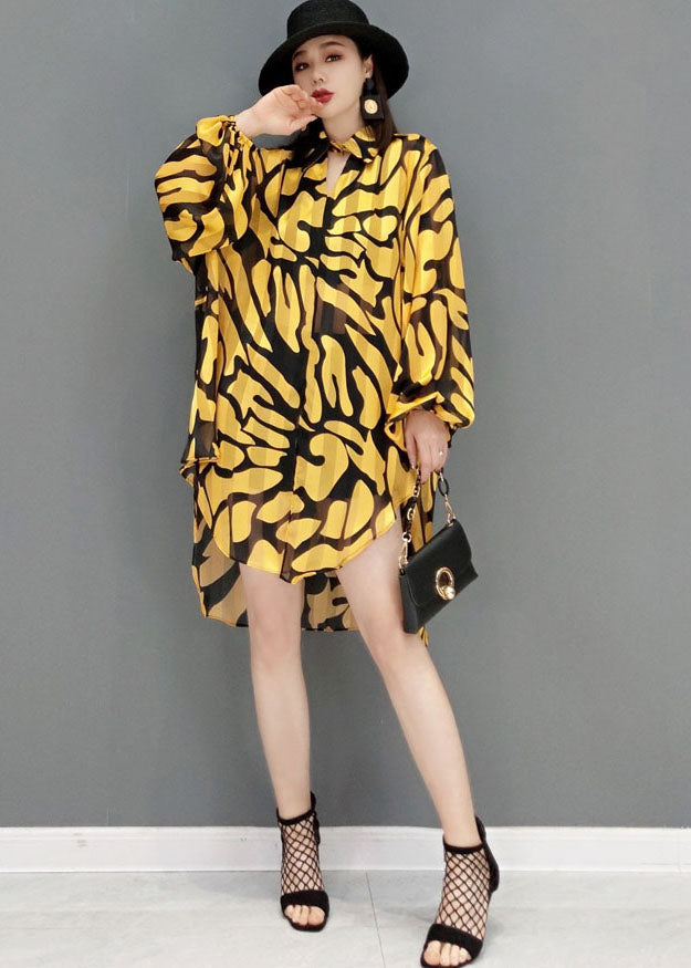 Yellow Peter Pan Collar Print Side Open Chiffon Long Shirt Lantern Sleeve