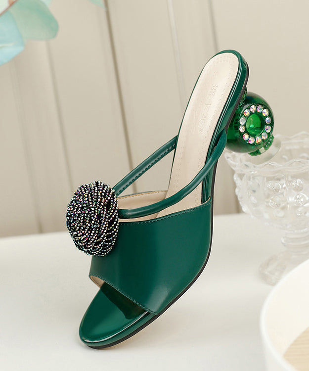 Genuine Leather Sandals Green Splicing Peep Toe Zircon