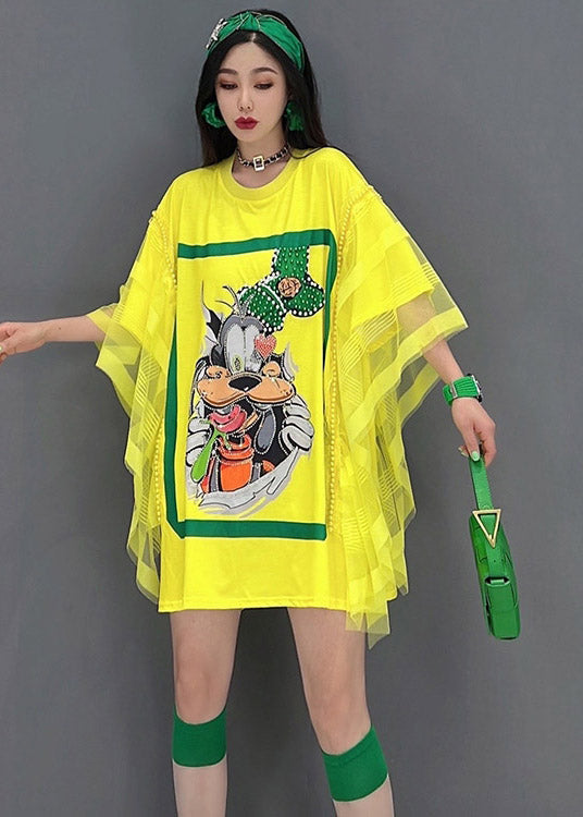Batwing Yellow O-neck Print Tulle Top Batwing Sleeve
