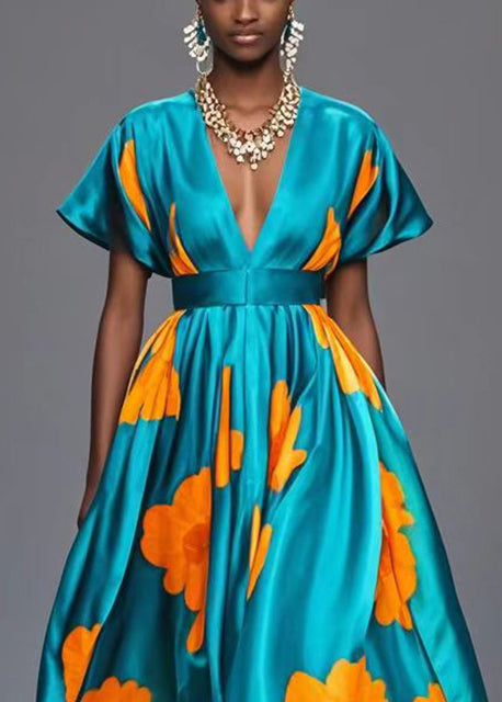 Green Cinched Print Exra Large Hem Silk Party Dress Summer