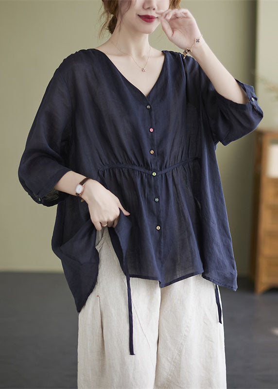 Navy Loose Button Tie Waist Asymmetrical Design Fall Three Quarter Sleeve Shirt Top
