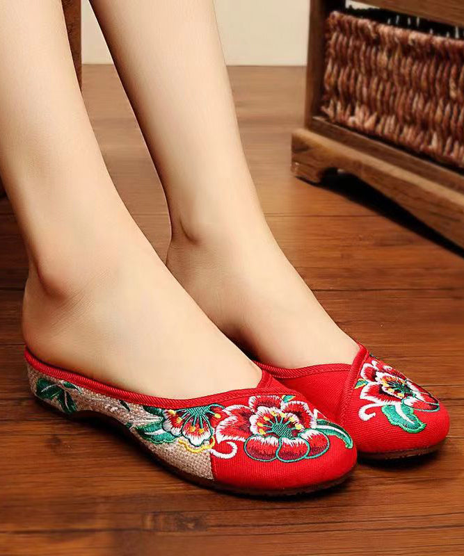 Green Cotton Fabric Retro Embroidery Splicing Slide Sandals Soofairy Shoes-20251