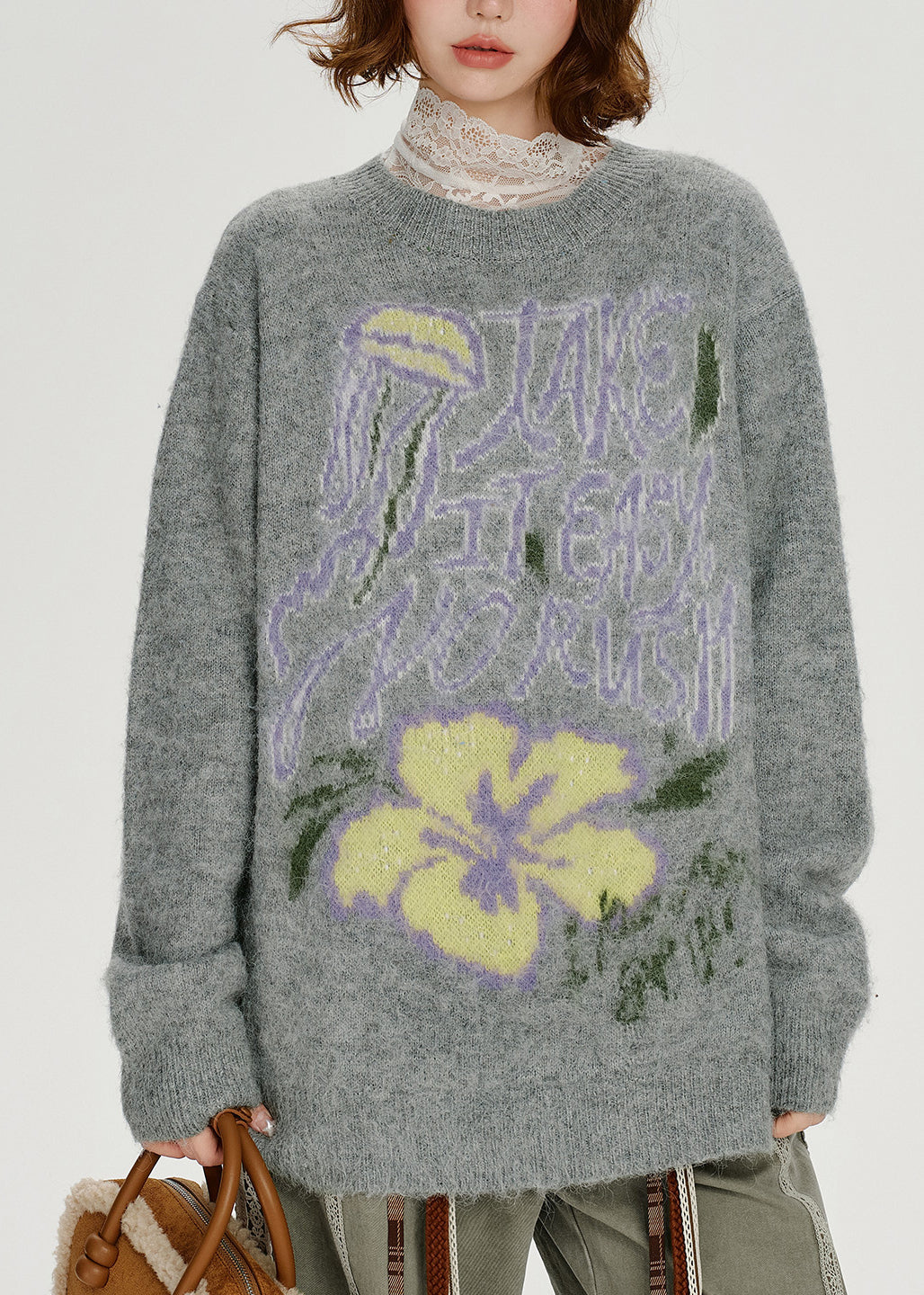 Loose Grey O Neck Thick Jacquard Knit Sweater Tops Spring