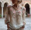 Comstylish Bohemian Style Round Neck Short Sleeve Three-dimensional Flower Design Women's Thin Top