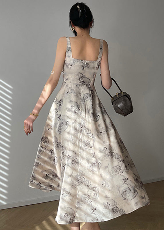 Square Collar Zippered Print Chiffon Maxi Dresses Sleeveless Summer