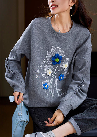 Loose Grey O Neck Patchwork Cotton Sweatshirt Spring