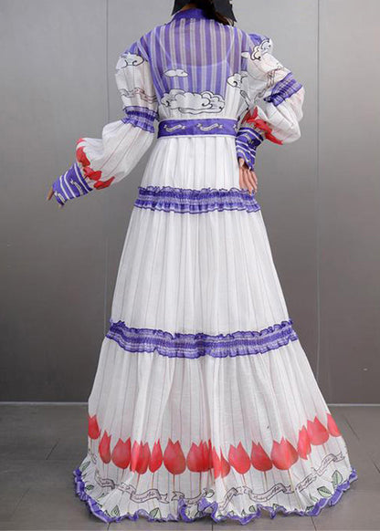 Fine White Stand Collar Ruffled Button Chiffon Maxi Dress Lantern Sleeve Spring