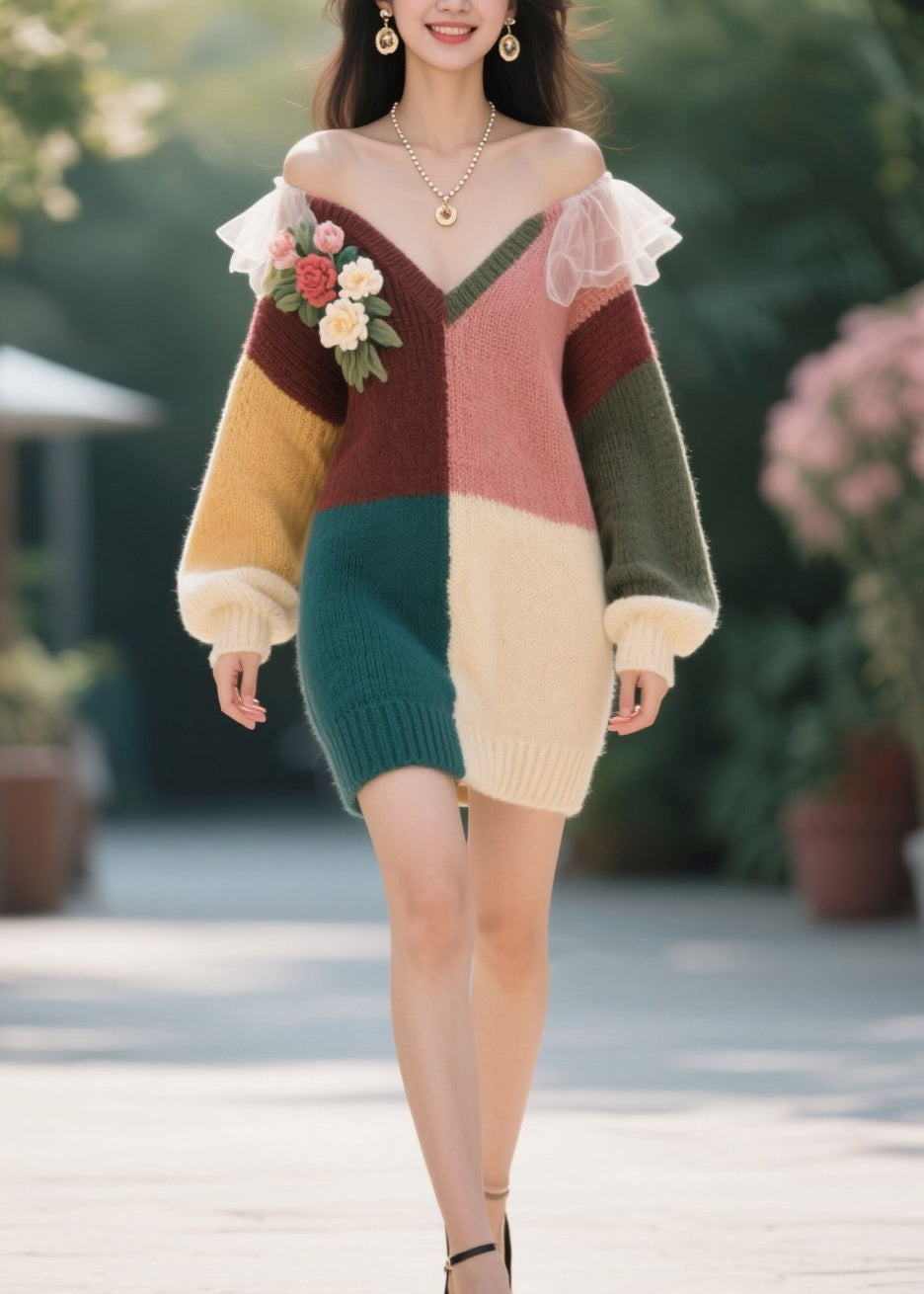 Stylish Colorblock V Neck Cold Shoulder Knit Sweater Dress Fall