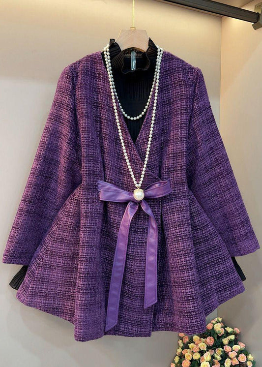 Purple V Neck Bow Thick Woolen Coats Spring