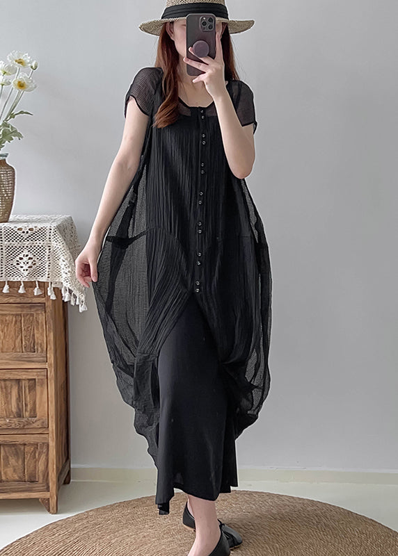 Black Asymmetrical Wrinkled Silk Dress Two Piece Set Summer