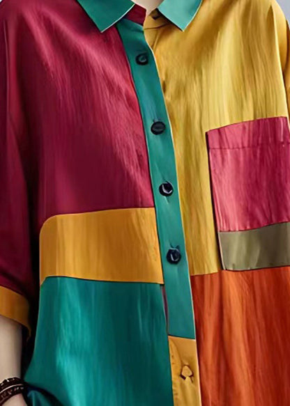 Colorblock Peter Pan Collar Patchwork Linen Tops Bracelet Sleeve