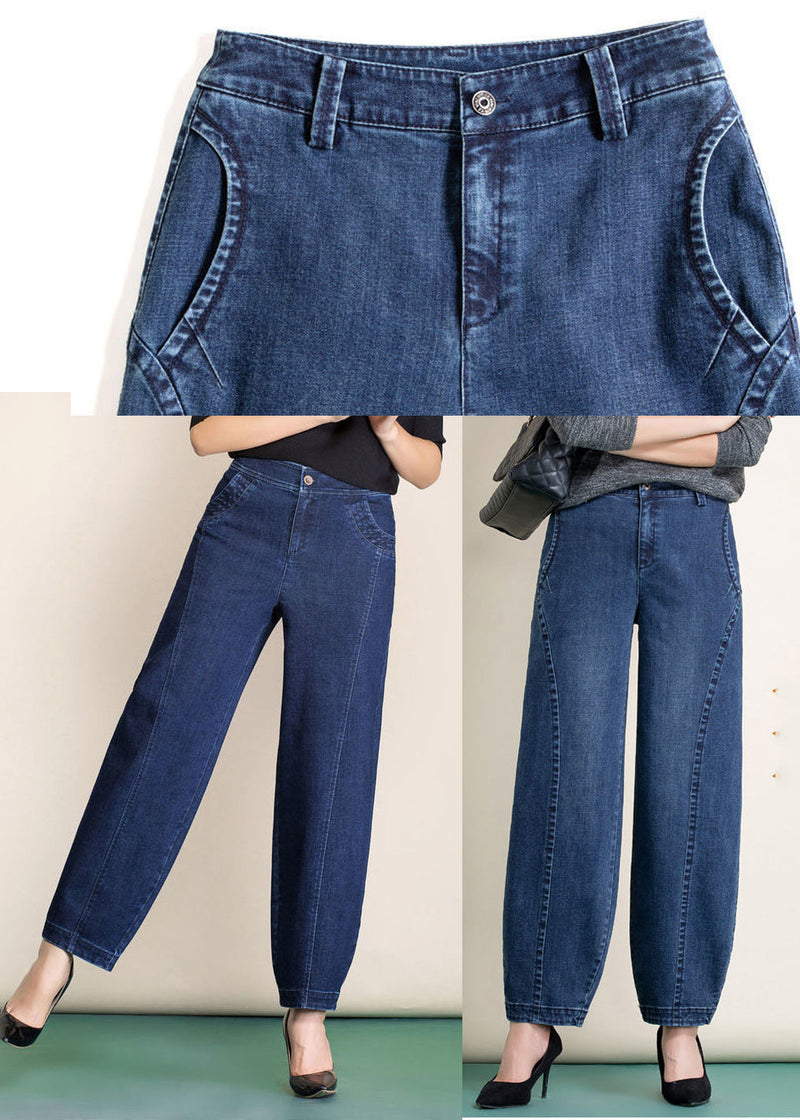 Light Blue High Waist Pockets Patchwork Cotton Harem Pants Spring