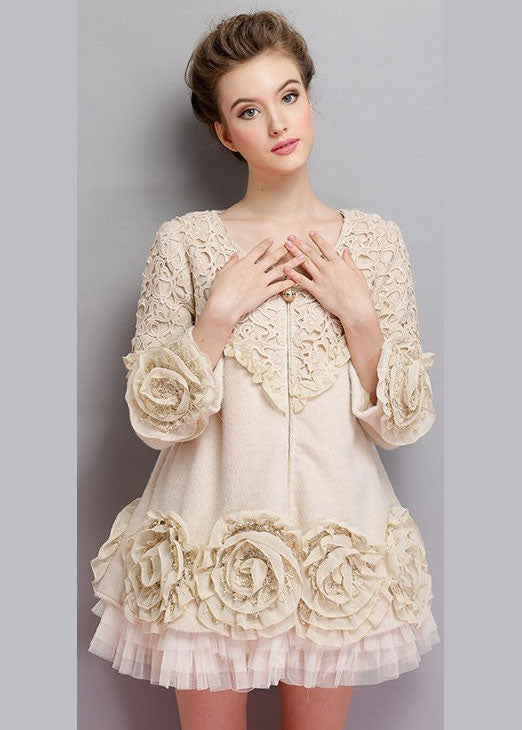 Beige O-neck Tulle Patchwork Applique Mink Velvet Coats Spring