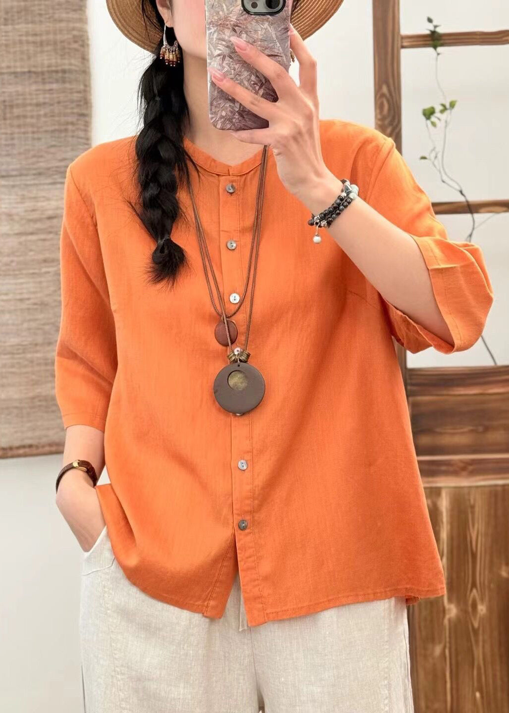 New Orange O Neck Button Linen Blouse Half Sleeve
