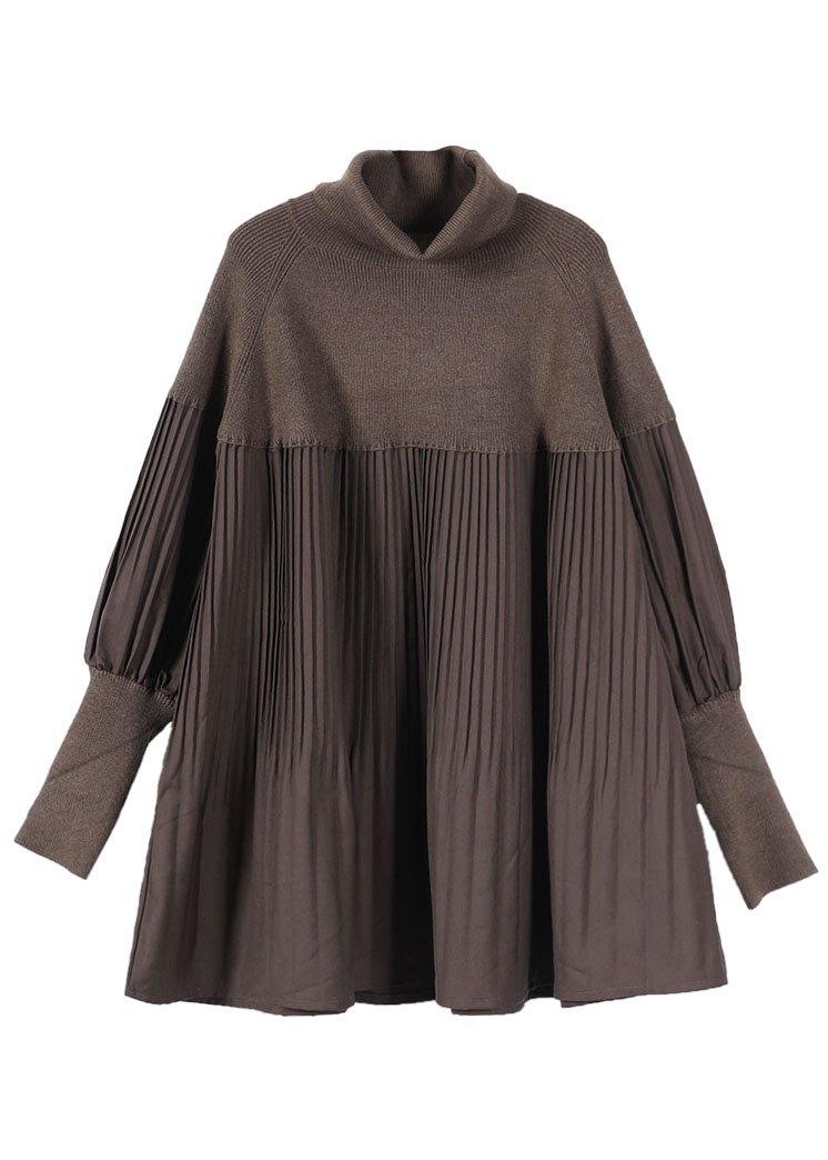 Chocolate High Neck Patchwork Fall Sweater Dress
