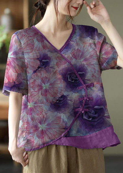 Simple Purple Print Ramie Oriental Summer Tops