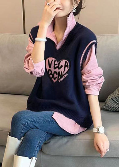 Modern Pink Shirts and Navy Vest Knit Two Pieces Set Fall