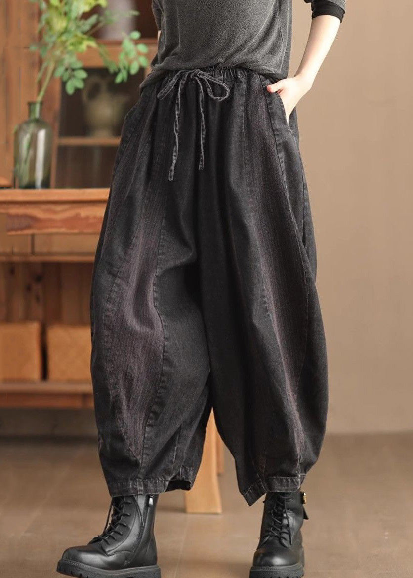 Black Pockets Lace Up Patchwork Harem Pants High Waist Fall