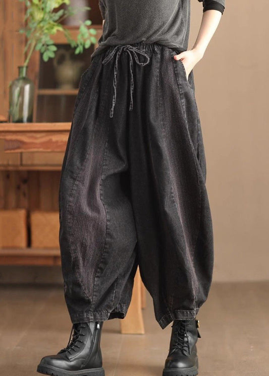 Black Pockets Lace Up Patchwork Harem Pants High Waist Fall
