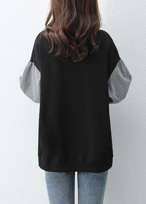 Black Peter Pan Collar Patchwork False Two Pieces Cotton Sweatshirt Fall