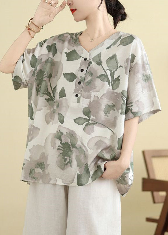 White Print Button T Shirt Summer