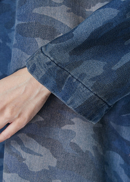 Blue Camouflage Print Chinese Button Denim Dress Spring