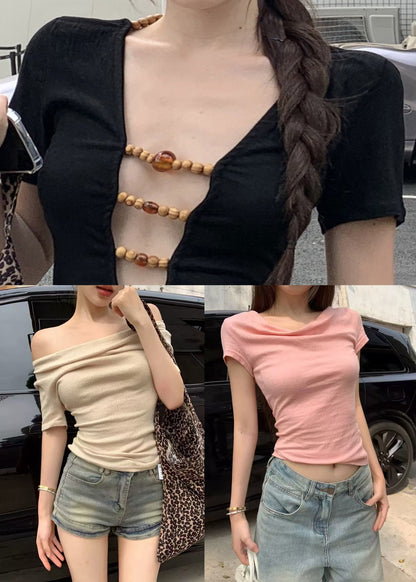 Pink Beading Wear on Both Sides Cotton T Shirts Summer