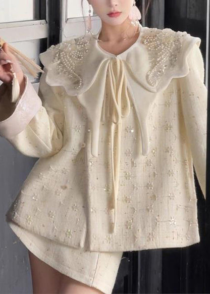 Apricot Nail Bead Coats Neck and Skirts Two Piece Set Spring