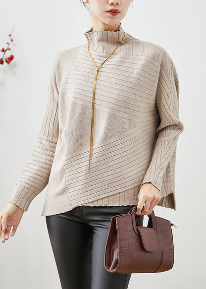 Beige High Neck Asymmetrical Knit Sweater Fall