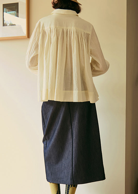 Beige Peter Pan Collar Wrinkled Cotton Shirt Top Fall