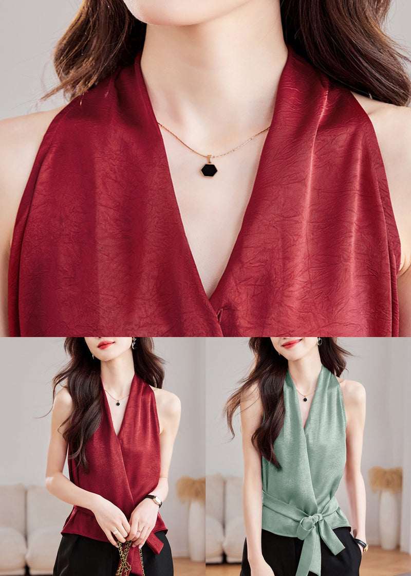 Green Tie Waist Silk Tank V Neck Summer