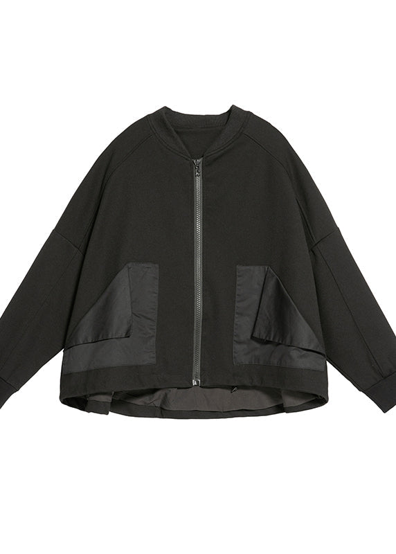 Black O-neck Zippered Pockets Patchwork Coat Long Sleeve