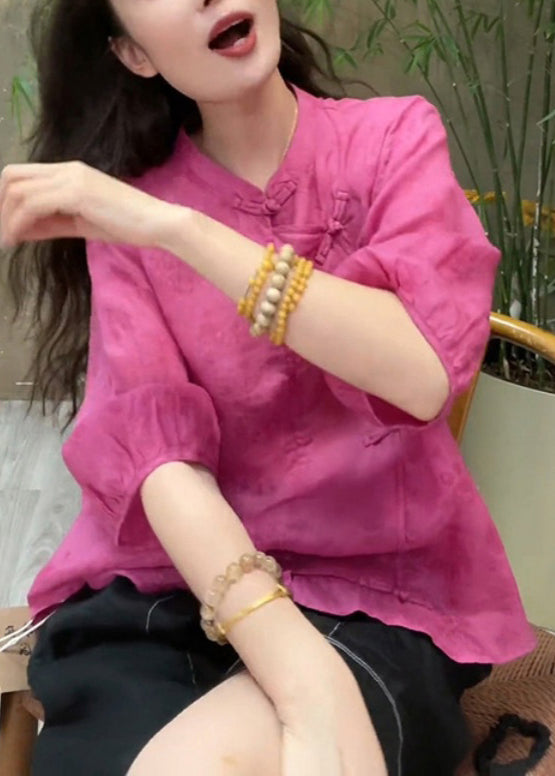 Rose Stand Collar Chinese Button Linen Tops Fall