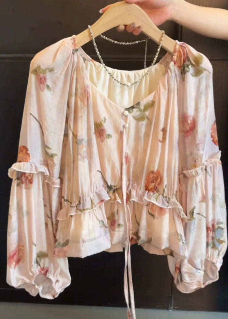V Neck Tie Lace Print Ruffled Shirts Fall
