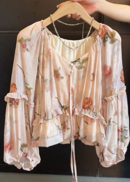 V Neck Tie Lace Print Ruffled Shirts Fall