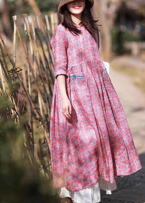 O-neck Wrinkled Summer Tutorials Pink Print Dress