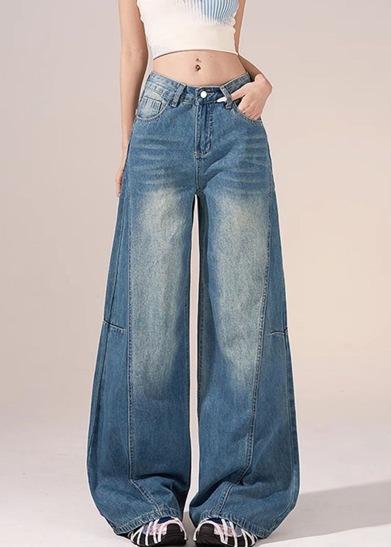 French Blue Pockets Lace Patchwork Denim Pants Spring