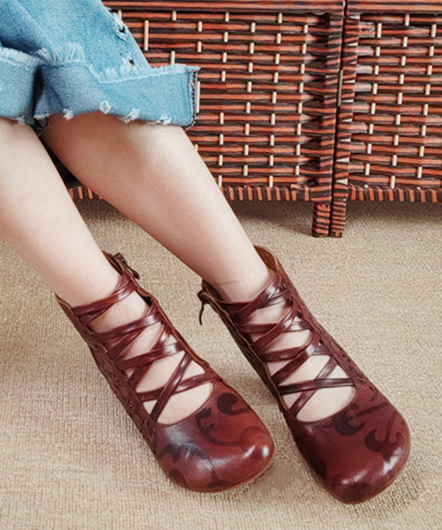 Brown Zippered Hollow Out Cowhide Leather Chunky Boots