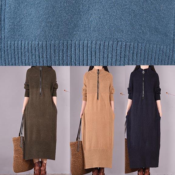 French Khaki Dress Zippered Pockets Dresses Spring Dress