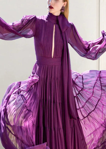 Purple Bow Wrinkled Hollow Out Chiffon Ankle Dress Fall