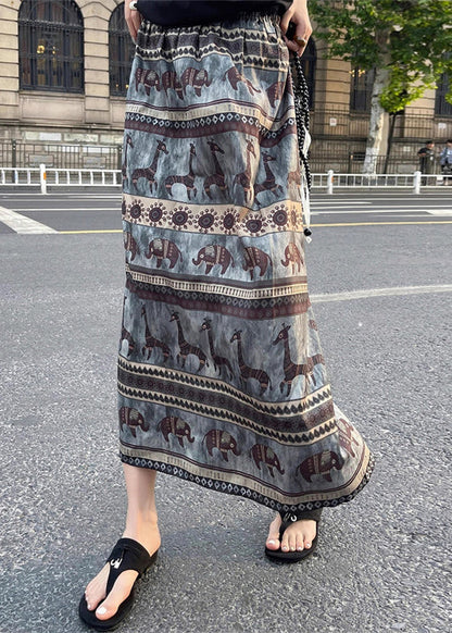 Print Side Open Elastic Waist Cotton Skirt Summer