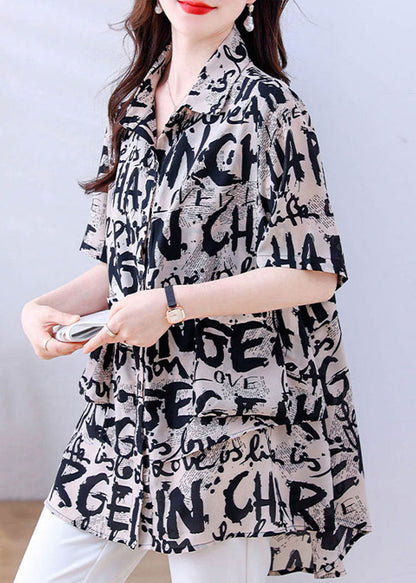 Khaki Oversized Letter Print Chiffon Shirt Tops Summer