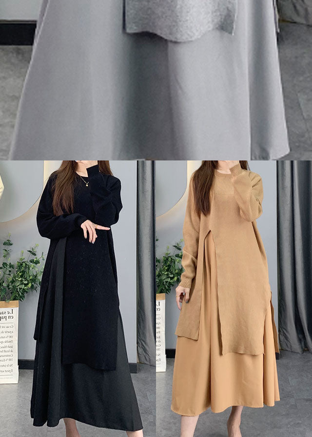 Yellow O-neck Chiffon Patchwork Knit Dresses Spring