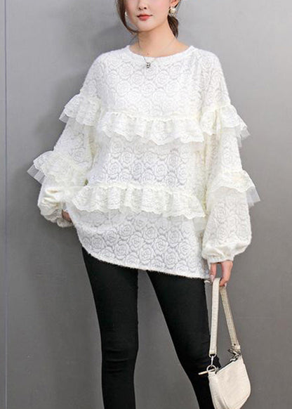 Natural Pink O-neck Ruffled Lace Patchwork Tops Lantern Sleeve