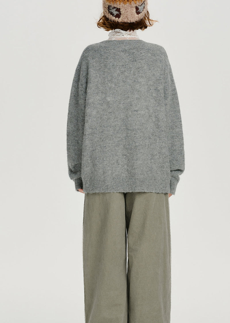 Loose Grey O Neck Thick Jacquard Knit Sweater Tops Spring