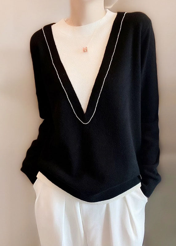 Red Nail Bead Patchwork Fake Two Pieces Wool Knit Sweater Long Sleeve
