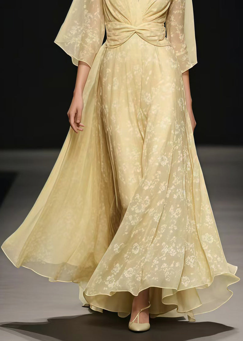 Light Yellow Cinched Exra Large Hem Chiffon Long Dress Summer