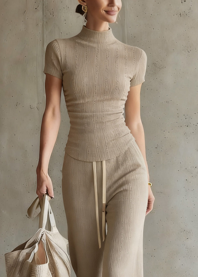 Drawstring Top and Wide Leg Pants Two Piece Set Short Sleeve