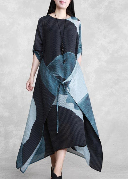 French Blue Print Quilting Clothes V Neck Asymmetric Spring Dress