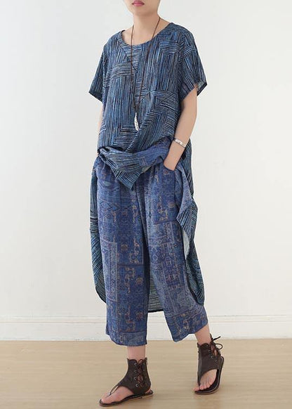 Blue Print Linen Dress Short Sleeve Summer Two Piece Set Clothing